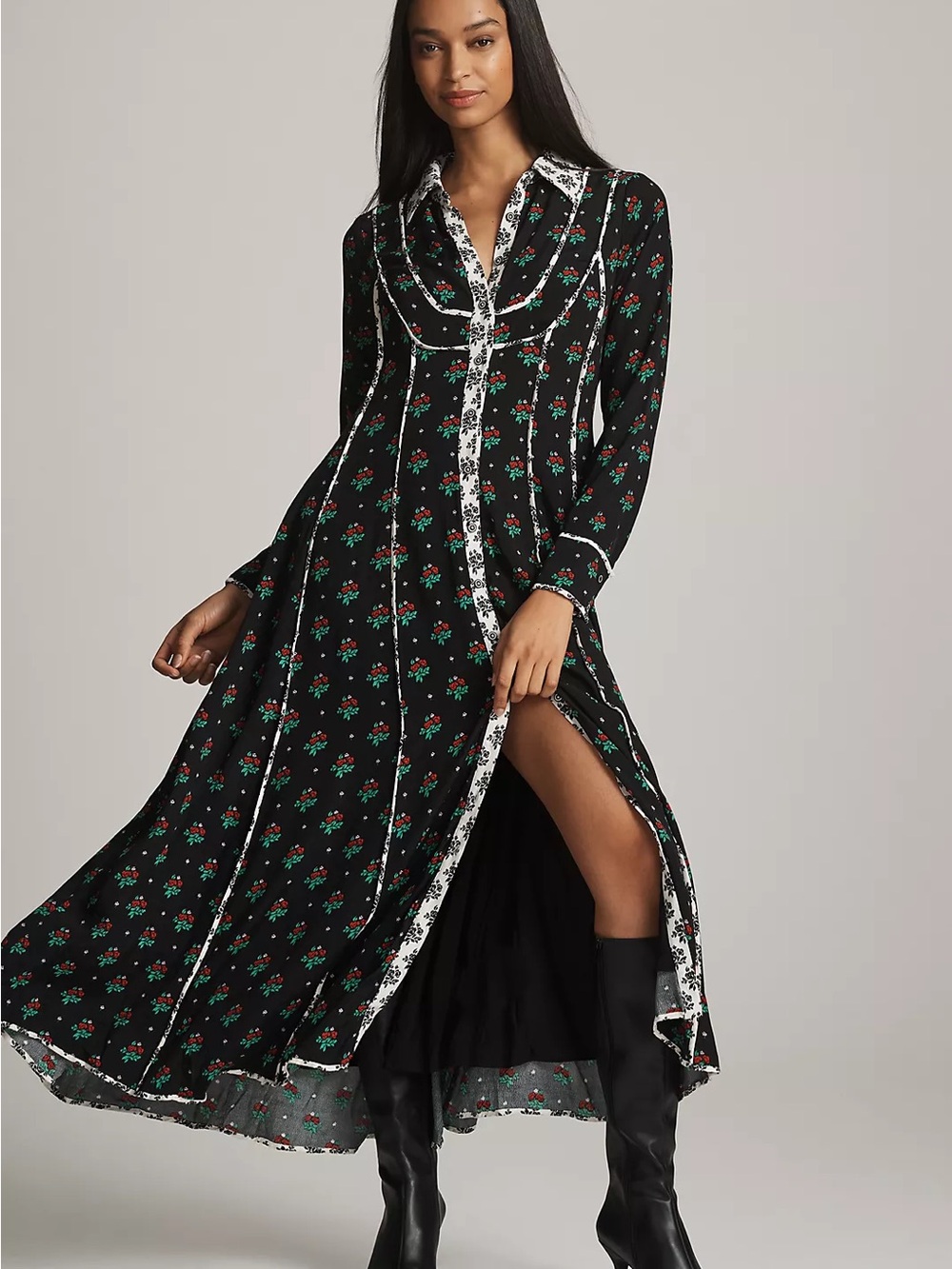 Black Floral Maxi Shirt Dress with Red and Green Print